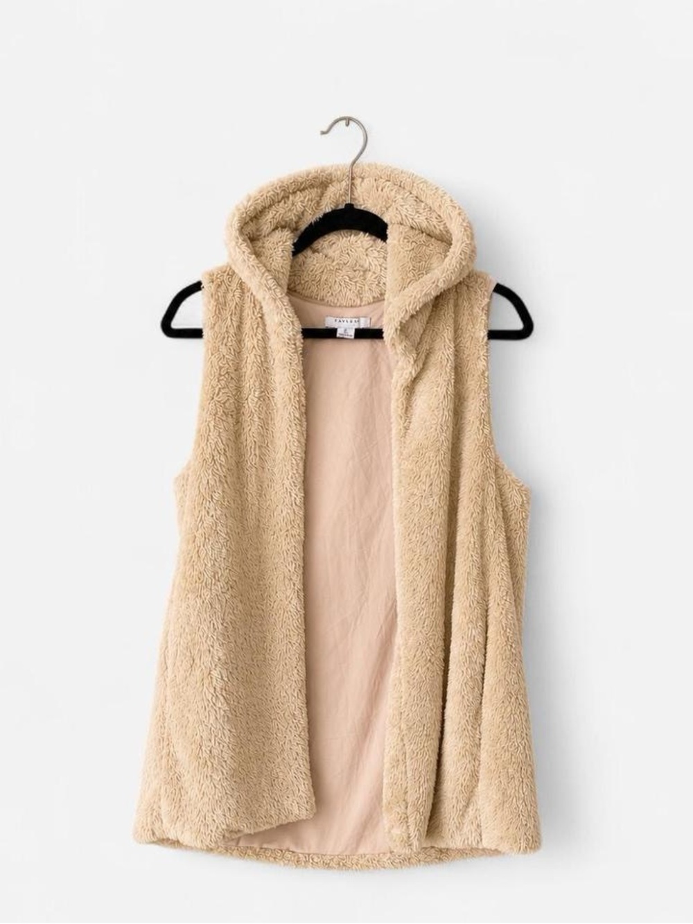 FAVLUX Hooded Faux-Sherpa Sleeveless Vest in Beige